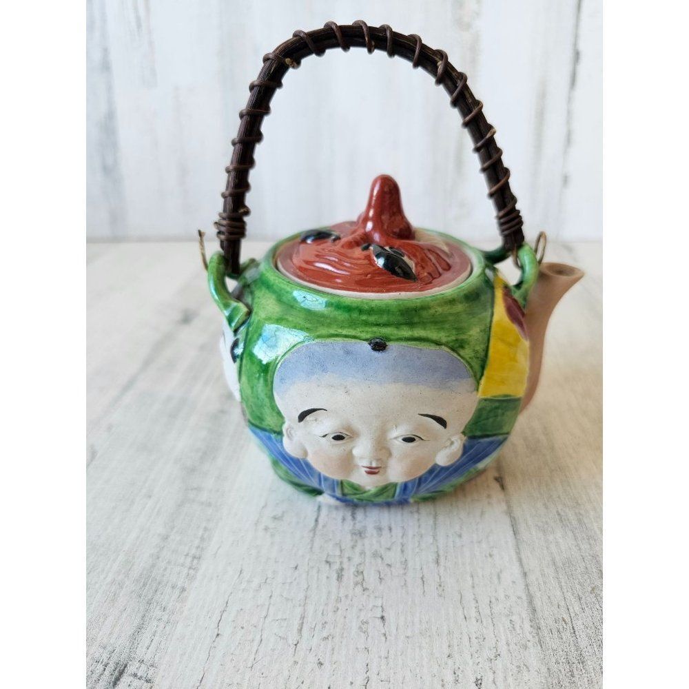 Vintage banko japanese teapot‎ face agateware sumida unique with handle